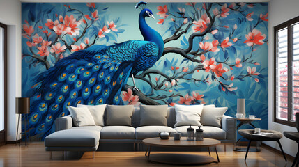 wallpaper with white peacock birds with trees plants and birds in a vintage style landscape blue background  © Clipart Collectors