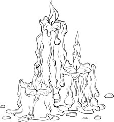 Three burning melted candles with flowing wax. Candle stub close up design element. Vector illustrations in hand drawn sketch style isolated on white. Black outline graphic for print, coloring book