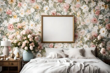 A Canvas Frame for a mockup in an Easter bedroom, set against a backdrop of hand-painted floral wallpaper, resonating with the fresh flower arrangements placed bedside