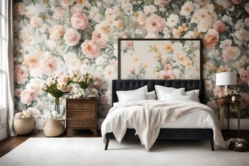 A Canvas Frame for a mockup in an Easter bedroom, set against a backdrop of hand-painted floral wallpaper, resonating with the fresh flower arrangements placed bedside - obrazy, fototapety, plakaty