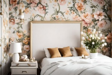 A Canvas Frame for a mockup in an Easter bedroom, set against a backdrop of hand-painted floral wallpaper, resonating with the fresh flower arrangements placed bedside