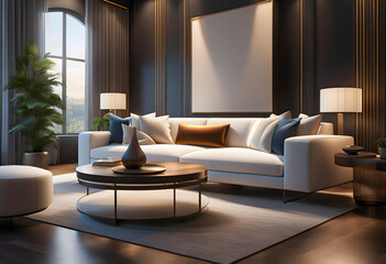 stylish modern room interior with a large light sofa, poster mockup with a white frame on a wall background, a comfortable place to relax at home.