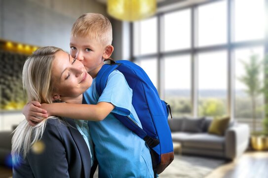 Happy family ready for school. Child with mother, AI generated image