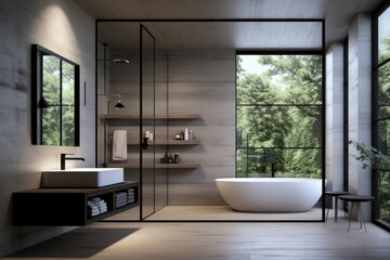 Fototapeta na wymiar Luxurious bathroom interior with bathtub and beautiful view