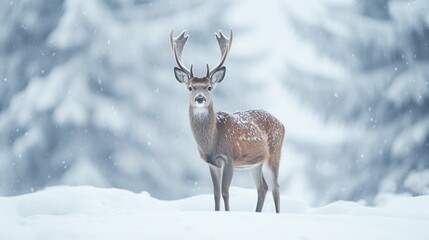 Wild deer in the forest in winter background. AI generated image