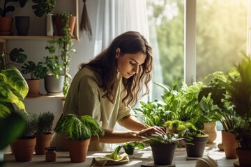 Young woman caring for plants at home. Home gardening, watering plants, freelancing