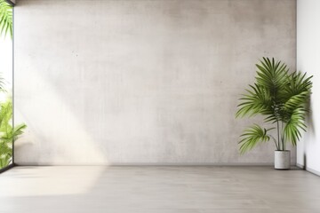 empty concrete room with tropical leaves