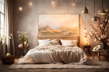 An atmospheric portrayal of a Canvas Frame for a mockup in an Easter bedroom, where the ambient lighting from bedside lanterns paints a warm glow on Easter-themed bed linens