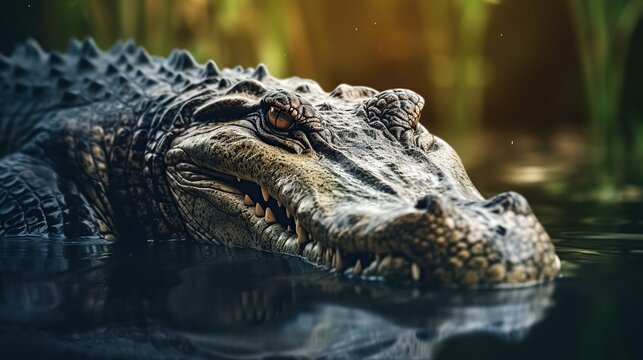Wild crocodile on blur nature background. AI generated image
