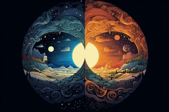 Concept of day and night cycle, depicting the transition from morning to dawn and moon to sun. Symbolizes the circle of life. Generative AI