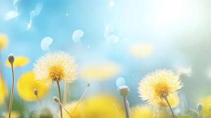 Spring background with flowers and dandelions, blurred bokeh. Generation AI