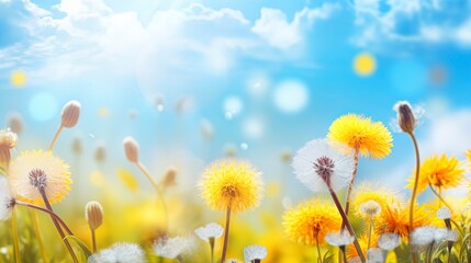 Fototapeta na wymiar Spring background with flowers and dandelions, blurred bokeh. Generation AI