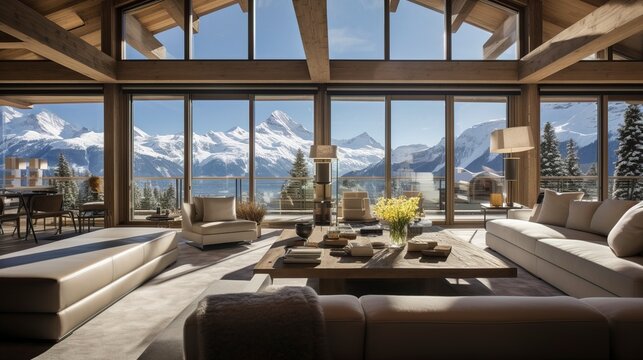 Fototapeta Spacious interior with large windows in a house in the mountains, in winter. Generation AI