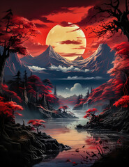 red tone painting of a japanese montes with a very large moon in the background, a river,