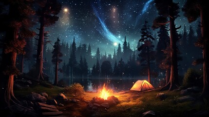 Camping in the night forest. Generation AI