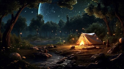 Camping in the night forest. Generation AI