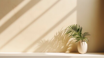 Empty light wall with shadow from a tropical plant. AI generation