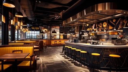 Gordijnen Fast food restaurant interior, futuristic interior, neon. Generation AI © Terablete