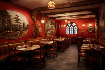 Ein elegantes Restaurant in rot von innen - obrazy, fototapety, plakaty
