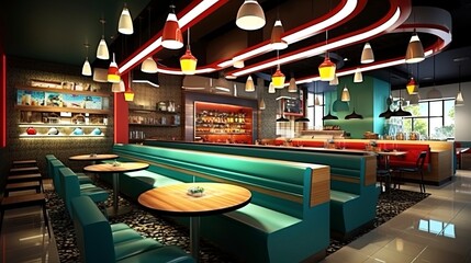 Fototapeta na wymiar Fast food restaurant interior, futuristic interior, neon. Generation AI