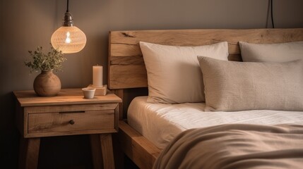 Bedside cabinet near bed. Rustic bedside cabinet near bed with beige pillows. Farmhouse interior design of modern bedroom - obrazy, fototapety, plakaty