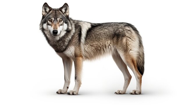 Furry dangerous iberian wolf in white background. AI generated image