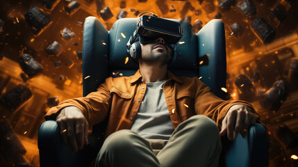 Man sitting in chair in VR headset inside virtual scene with flying particles around