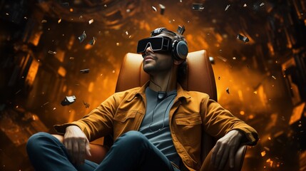 Man sitting in chair in VR headset inside virtual scene with flying particles around