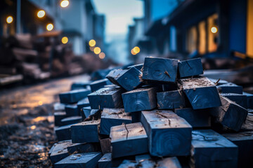 building materials lying on the street, timbers - obrazy, fototapety, plakaty