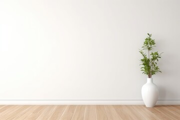 White wall, brown parquet floor, plant in pot copy space