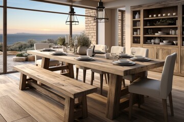 Modern Farmhouse Dining - Rustic Table and Bench in Warm and Welcoming Interior, Blending Traditional Charm with Contemporary Living