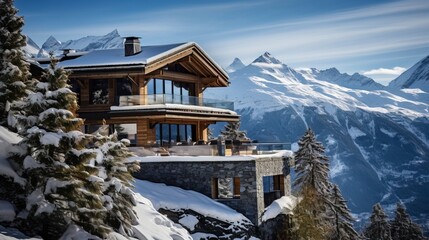 Wooden country chalet in the mountains in winter. Generation AI