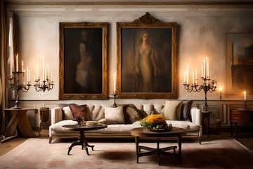 Fototapeta premium An evocative portrayal of a Canvas Frame for a mockup in an old living room, where candelabras with dripping wax offer an ambient glow, accentuating the room's bygone charm
