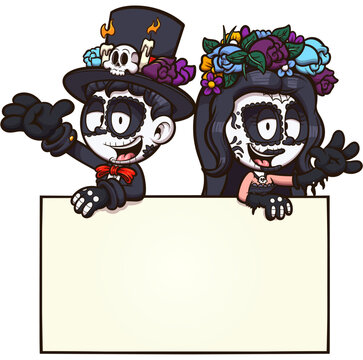 Sugar Skull Kids With Sign. Vector clip art illustration with simple gradients.