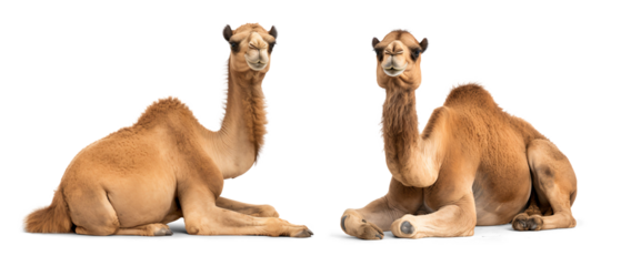 Two Arabian camels sitting resting, isolated