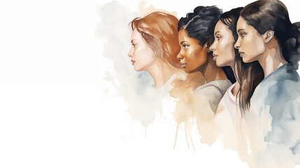 Side profile of four diverse women on the white background. Watercolor illustration with copy space.
