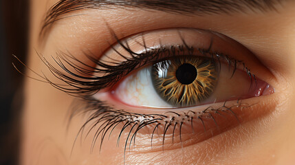 A close up of a female eye with beautiful details and long eyelashes. Generative AI.  - obrazy, fototapety, plakaty