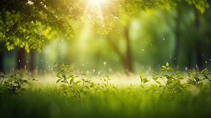 Fototapeta premium Spring floral background, fresh grass in the forest. Generation