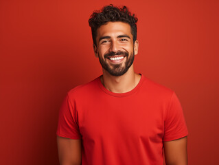 Hombre latino, joven, atractivo y con barba corta, feliz, usando ropa casual de color rojo posando sobre un fondo del mismo color