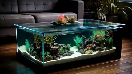an aquarium in the living room in the form of a coffee table. Generation AI