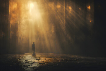 human silhouette standing lost in a mysterious and apocalyptic hall with specter of smoke, light, fire, glow as destruction, survivor and new beginnings concept with copy space - generative ai