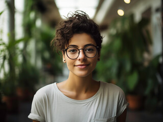 Retrato de una mujer joven con el cabello recogido y gafas en un edificio con mucha naturaleza y plantas - obrazy, fototapety, plakaty