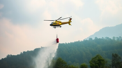 Fototapeta na wymiar Fire fighting helicopter carry water bucket to extinguish the forest fire. generative ai