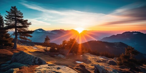 Breathtaking photograph of range of mountains during sunrise - obrazy, fototapety, plakaty