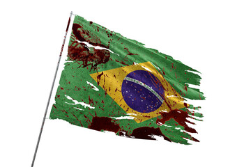 Brazil torn flag on transparent background with blood stains.