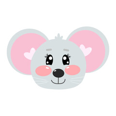 Cartoon kawaii little cute mouse face or head for kids, children isolated on white background