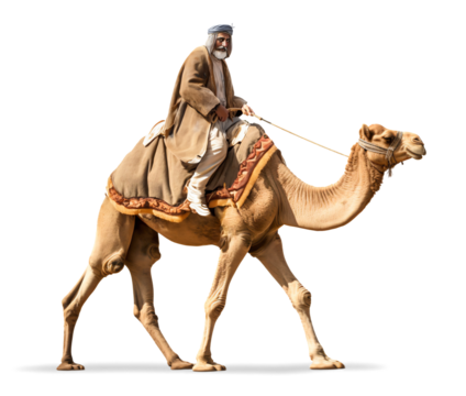 A cameleer traveler riding a camel, isolated background