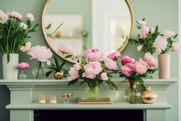 Pink and white peonies on the bookshelf in glass vases. Round golden mirror on the wall above the fireplace. generative ai.