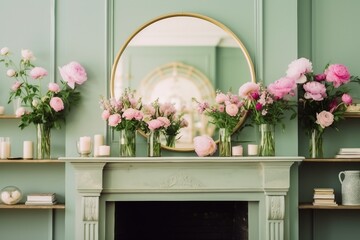Pink and white peonies on the bookshelf in glass vases. Round golden mirror on the wall above the fireplace. generative ai.