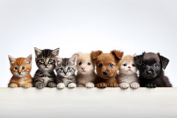 Banner of puppies and kittens in row, hanging its paws at blank banner.